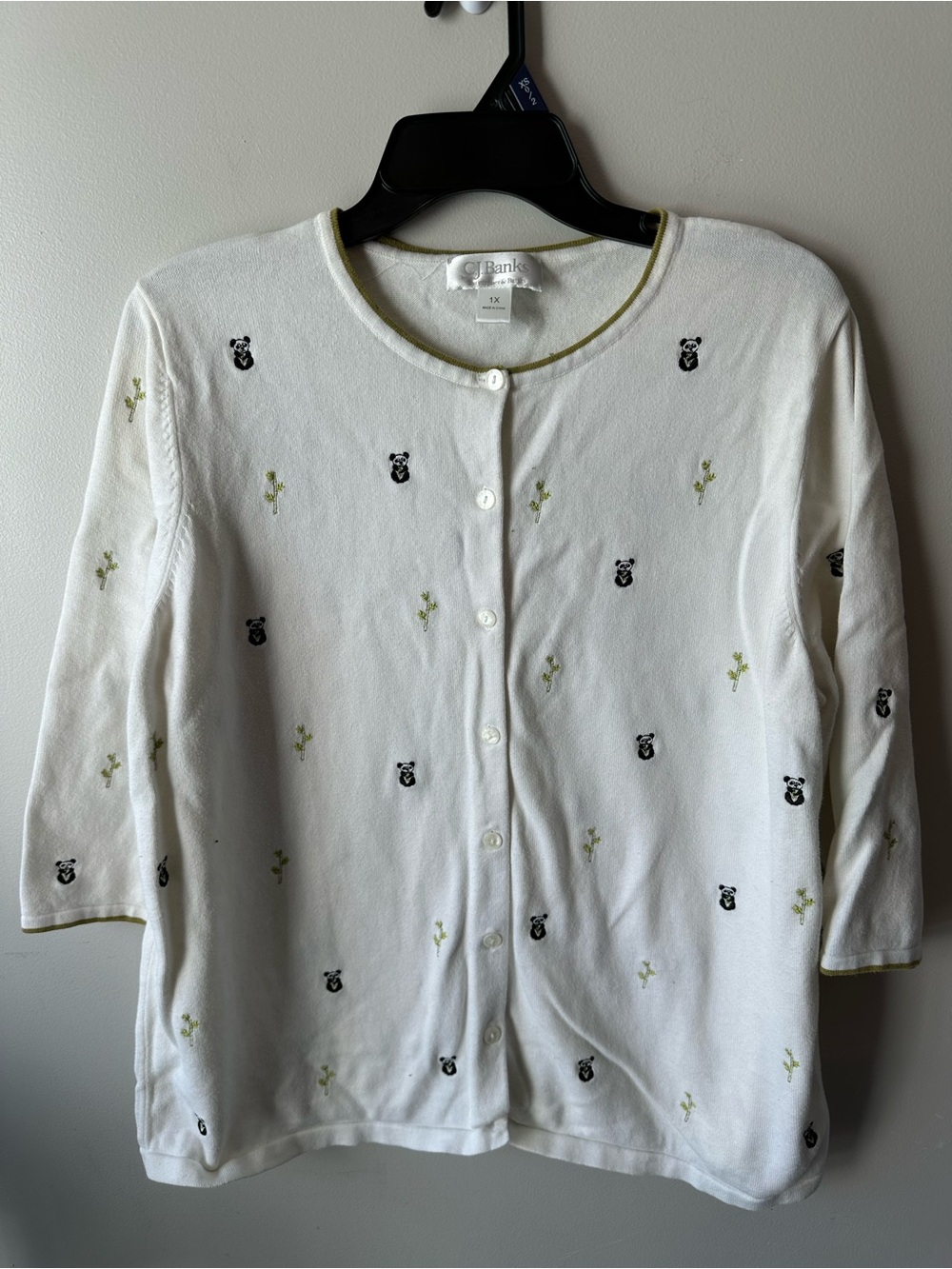 C.J. Banks Panda Embroidered Cardigan 1X White Green 3/4 Sleeve Novelty Sweater